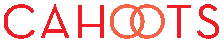 Cahoots wordmark in red, the two Os are linked together like a venn diagram