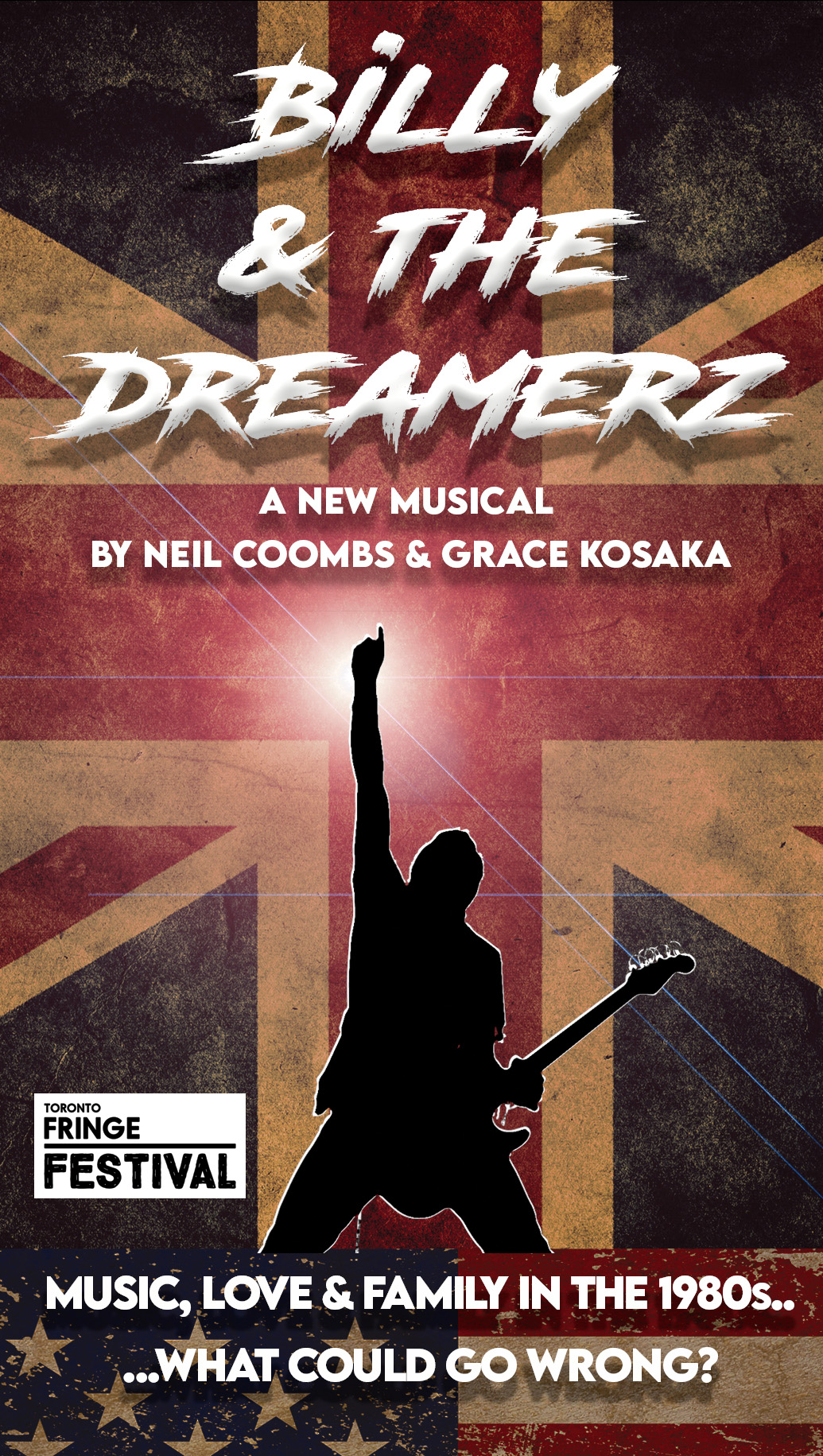 Billy & the Dreamerz poster - the wordmark is in the Edo SZ font from Dafont. Below is a silhouette of a guy with a guitar pointing up. The background is a british flag.