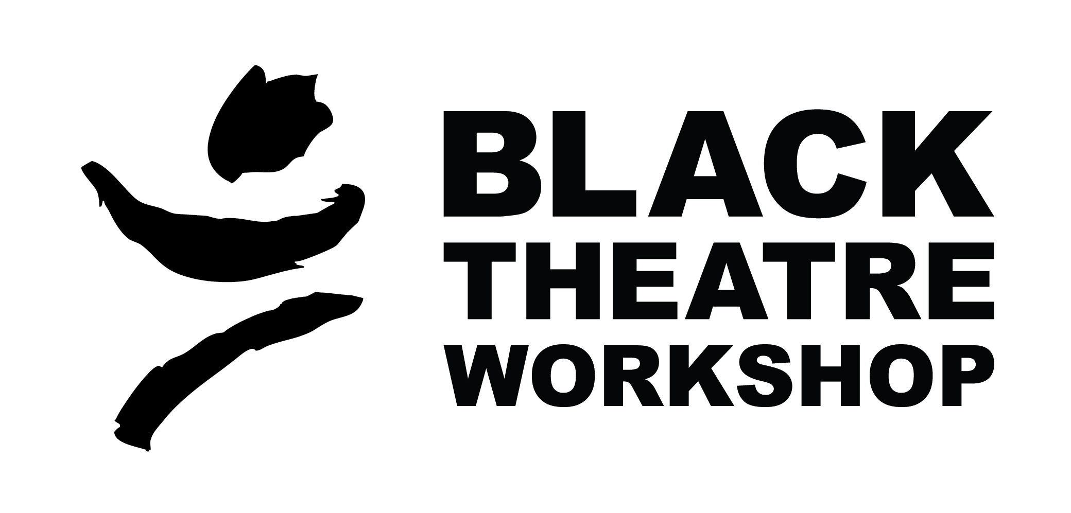 Black Theatre Workshop Logo and Wordmark in an all caps sans serif block text. To the left is an abstract logo of a shape and 2 lines below it