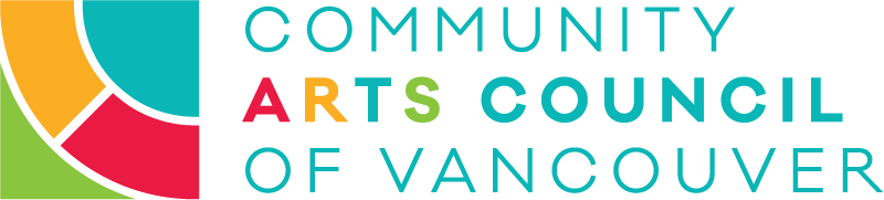 Community Arts Council of Vancouver logo in teal, the word arts is sequenced in the colours red, yellow, teal, and green. those same colours form a square made of circular cutouts to the left.