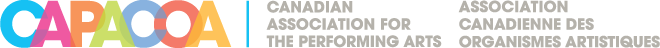 CAPACOA multicoloured overlapping wordmark with Canadian Association for the Performing Arts/Association Canadienne Des Organismes Artistiques in allcaps to the right