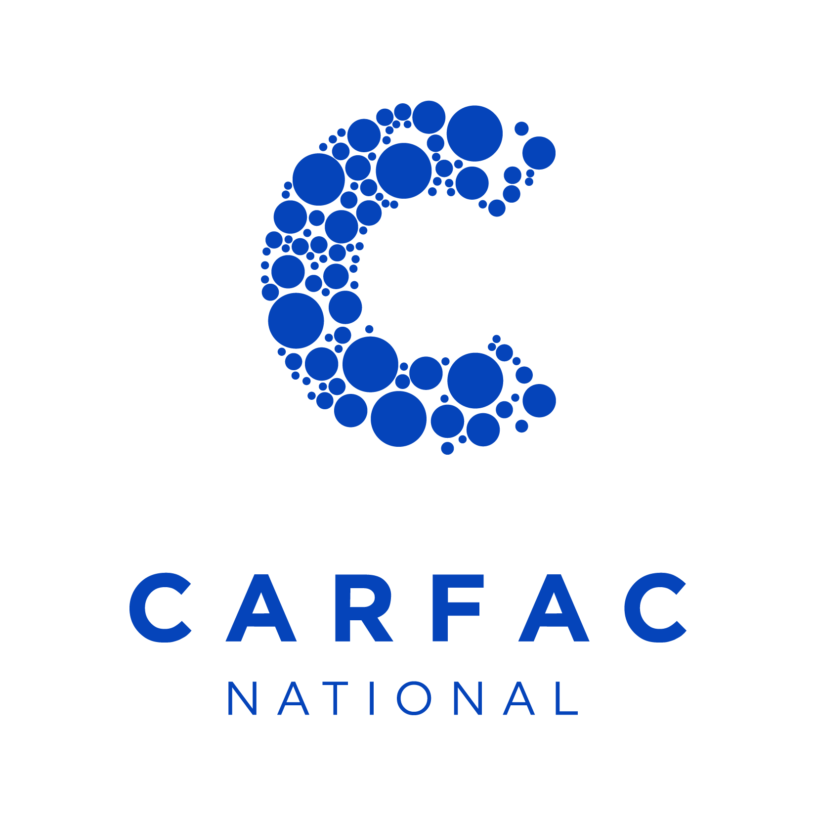 Carfac Logo - a blue C made of circles in alternating sizes, and the wordmark CARFAC National underneath