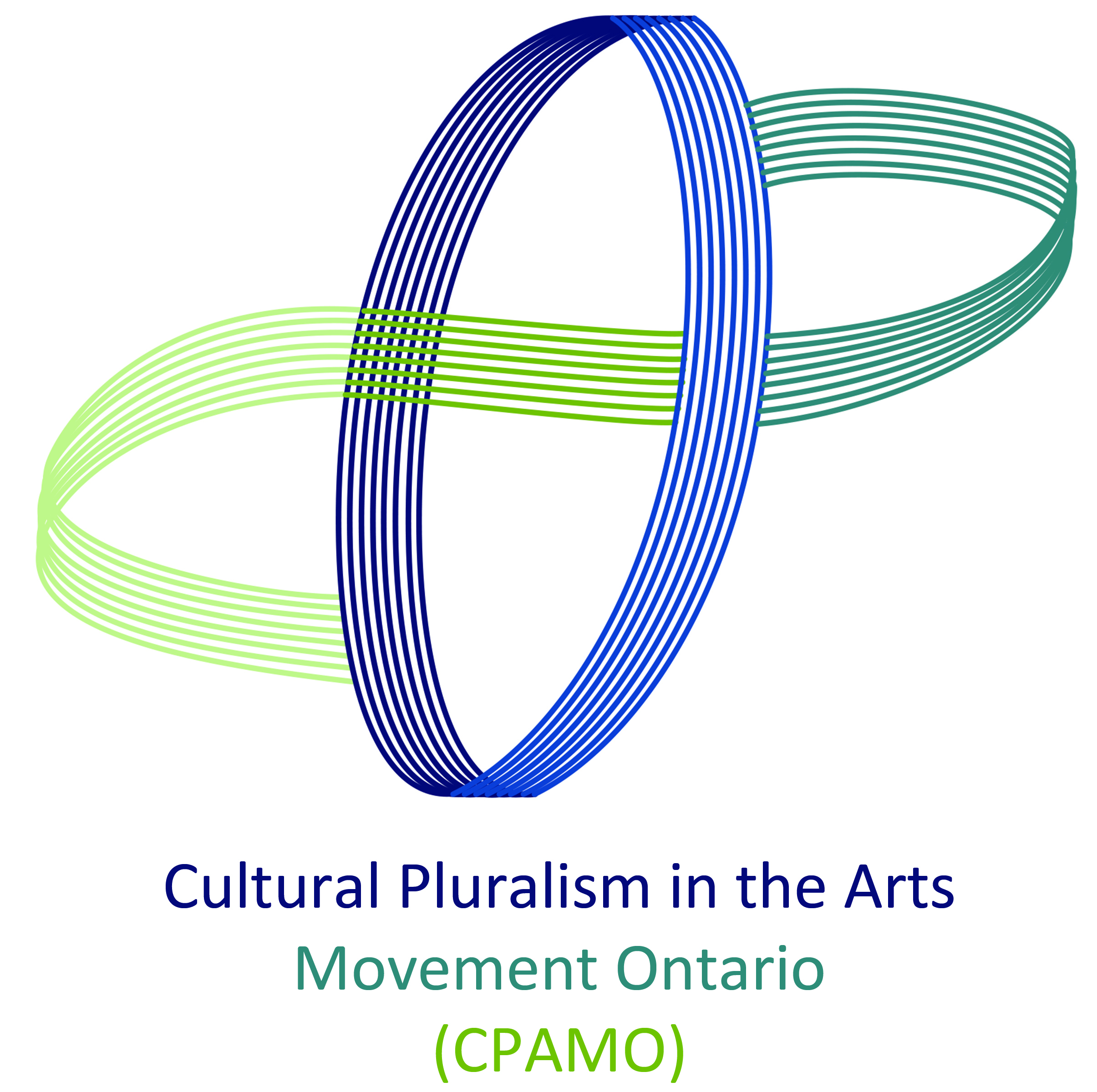 Cultural Pluralism in the Arts Movement Ontario logo, on top are two intersecting moebius strips with 8 lines each, alternating in teal, green, blue, and violet.