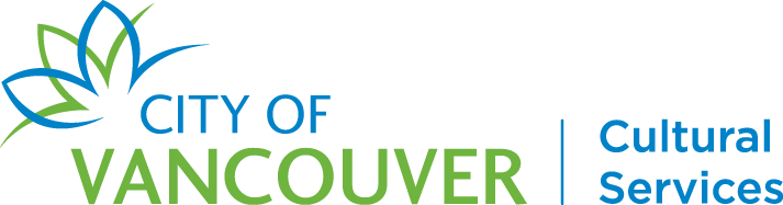 City Of Vancouver Cultural Services wordmark in blue and green, an image of two leaves intersecting with each other to the left. City of Vancouver and Cultural Services are partitioned out with a line separator.