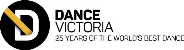 Dance Victoria Logo - To the left is a D with a black circle around it and a yellow bar through the D. Below the Dance Victoria Wordmark is the tagline "25 Years of the World's Best Dance"