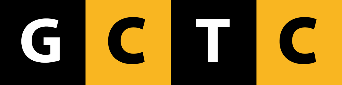 GCTC logo, there are alternating boxes that each letter is in, black and yellow