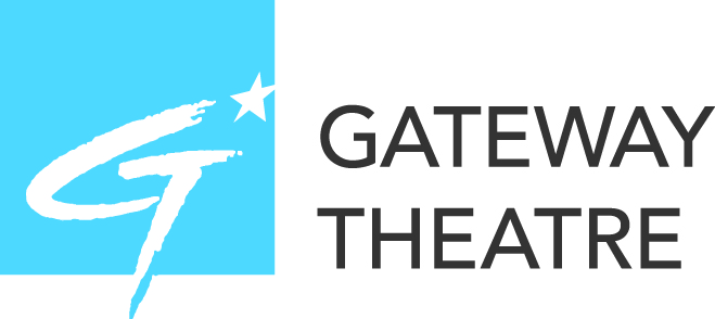 Gateway Theatre logo - to the left is a blue square with a script front G in the middle, with a star