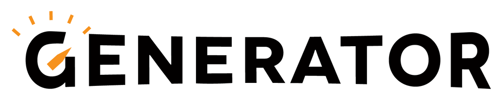 Generator wordmark, the G logo has an orange arrow in the middle with orange ticker marks on the top to represent a clock or a meter
