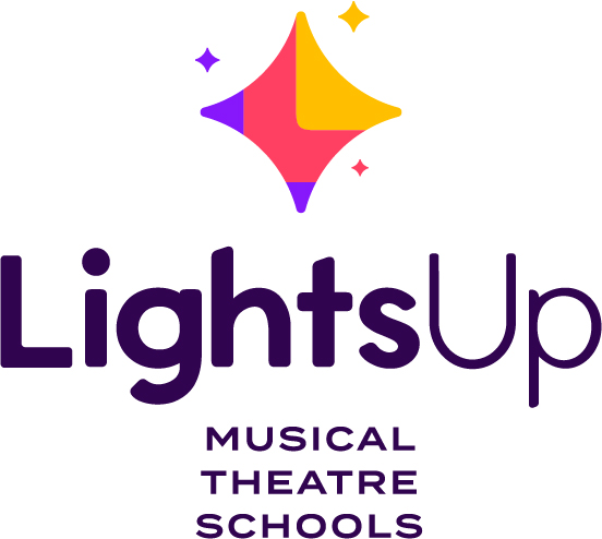 LightsUp Musical Theatre Schools logo - the wordmark and tagline are in purple, and above it are diamond stars in purple, red, and yellow.