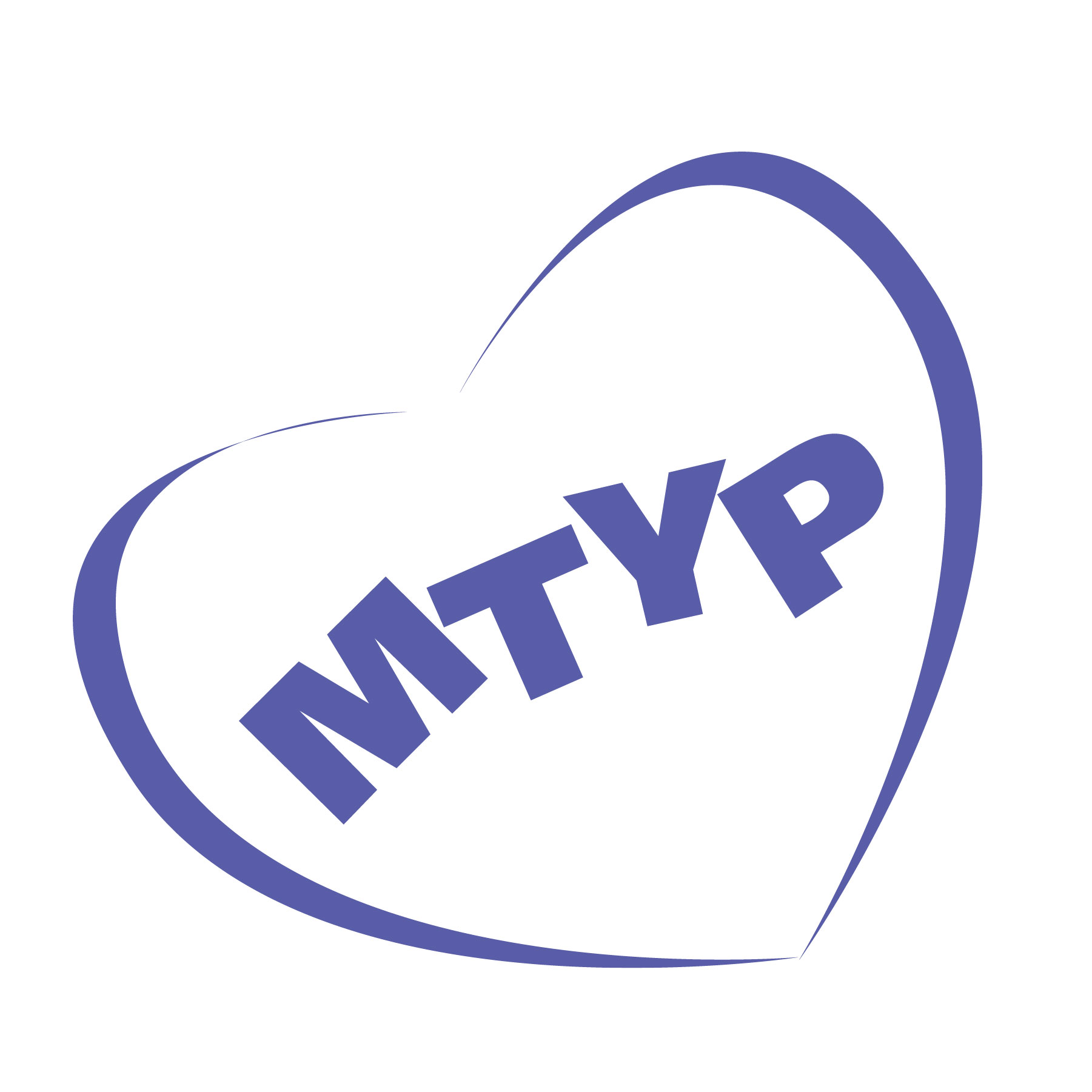 MTYP Logo, the acronym is in sans serif but in a crooked line, inside a heart. It's coloured purple.