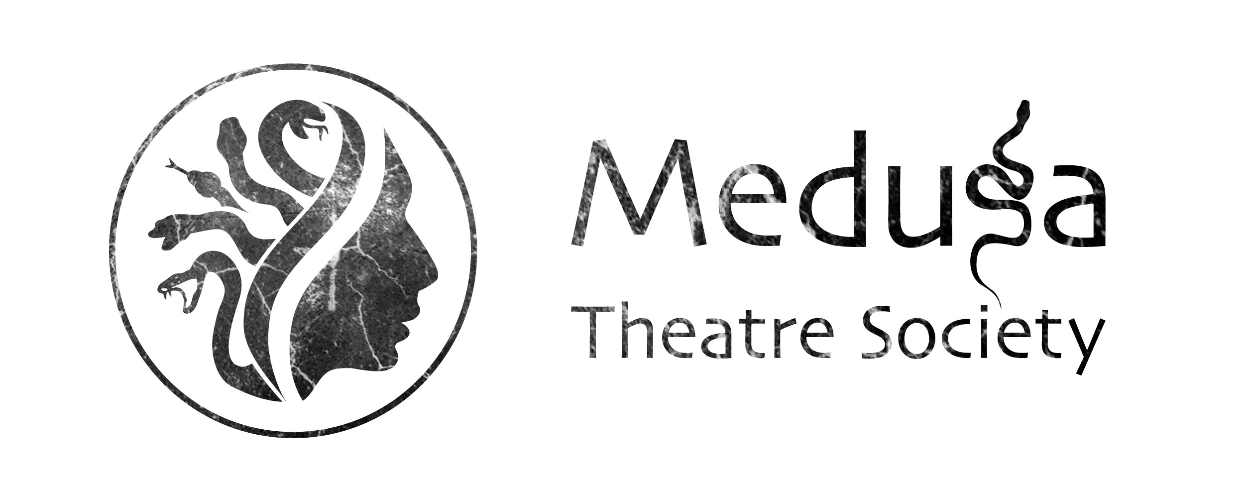 Medusa Theatre Society logo in marble text, the S is a snake, and medusa's head in profile is to the left
