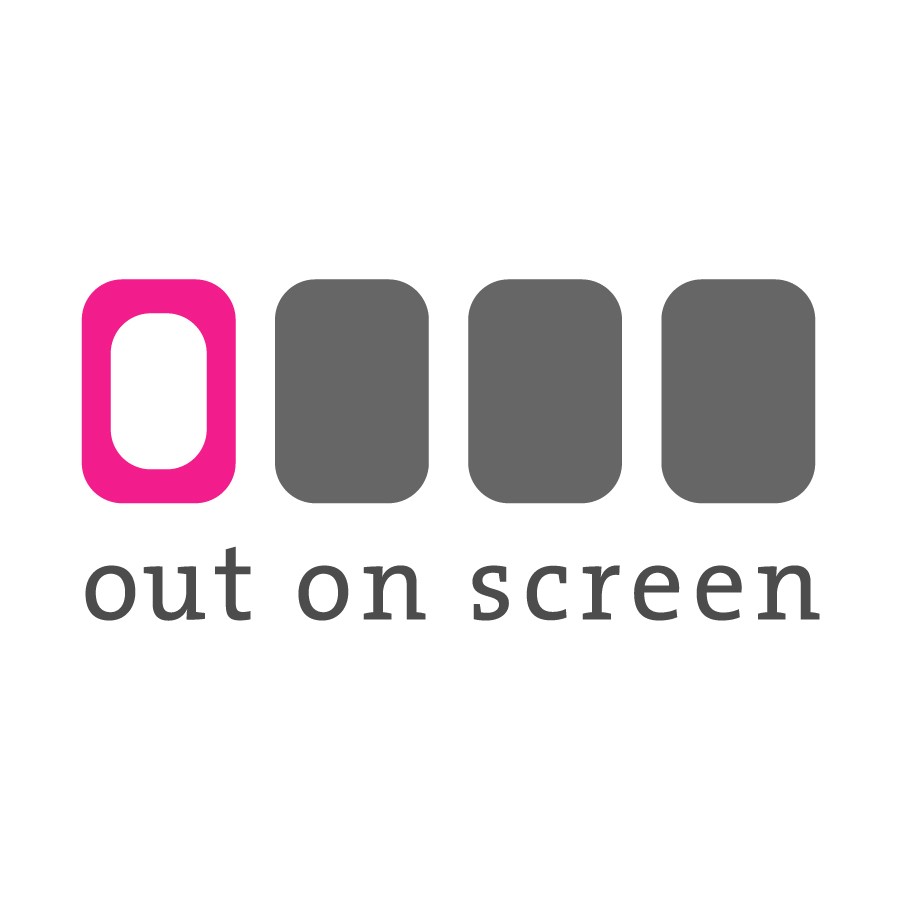 Out On Screen Logo - 4 squares, the one to the left is hot pink with an oval hole in the middle. The wordmark "out on screen" in a lowercase serif font below.