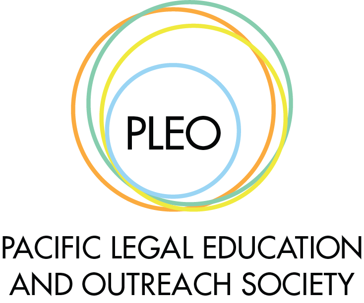 PLEO Logo - Different coloured circles surrounds the word PLEO in Futura font, and below is the wordmark Pacific Legal Education And Outreach Society