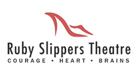 Ruby Slippers Theatre logo - there is a red slipper on top, and below the wordmark is a tagline that says Courage, Heart, Brains