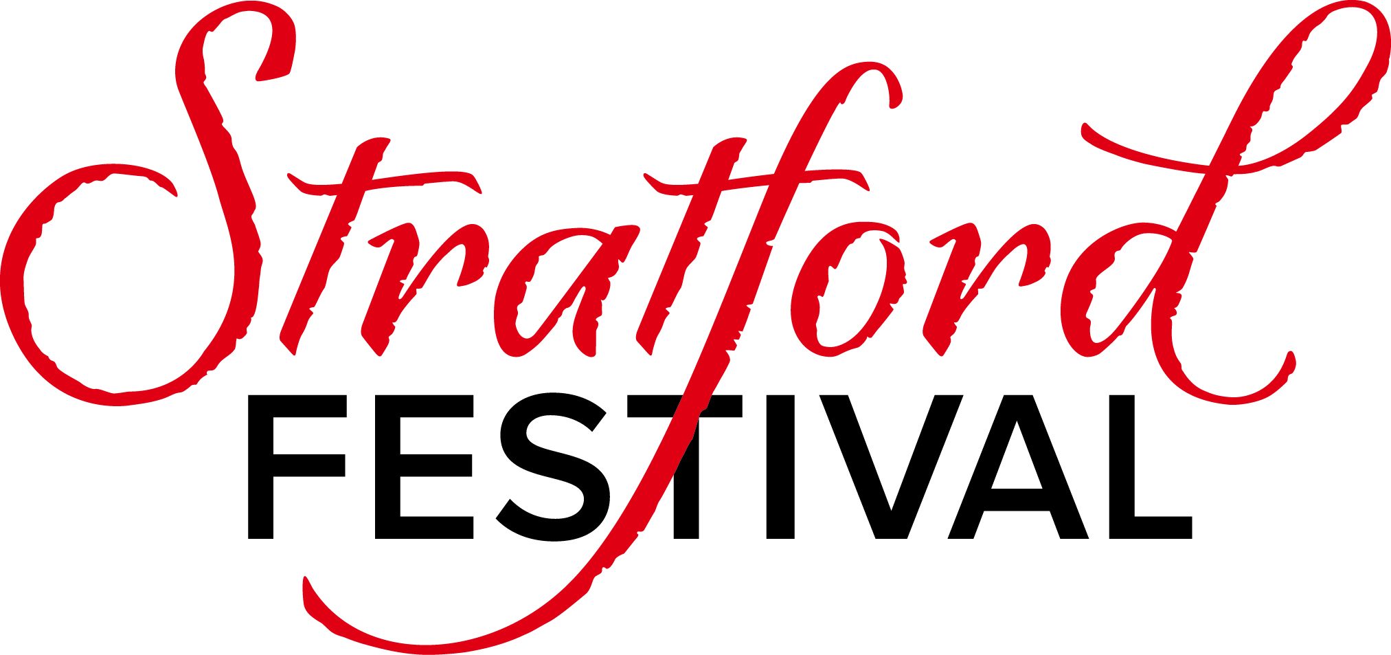 Stratford Festival wordmark - Stratford is written in red cursive text, Festival in black sans-serif text.