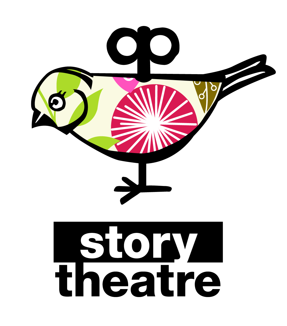 Story Theatre logo - there is a bird with a windup toy key on its back, with a green and red print of flowers and leaves in a retro kitsch aesthetic