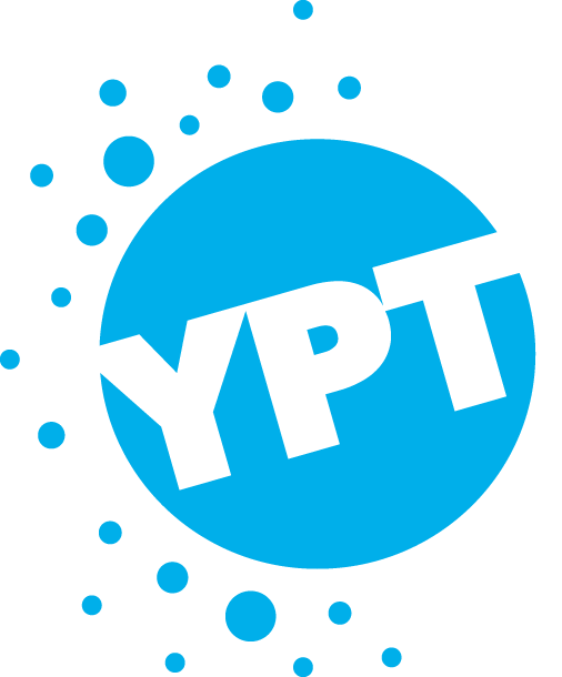 Young People's Theatre logo - the acronym YPT is set crooked over a series of blue dots.