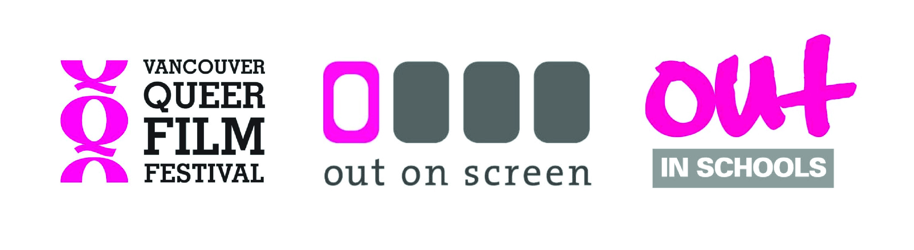 Vancouver Queer Film Festival logo, with 3 pink Qs on the left. The top and the bottom Q are cut off, but the middle Q is centered so it isn't cut off. out on screen logo, in all lowercase, with 4 rectangles above the wordmark. The leftmost rectangle has a hole in it in pink. Out in schools logo, "out" is in pink marker font. Each logo is colour coordinated with the same colours matching throughout.