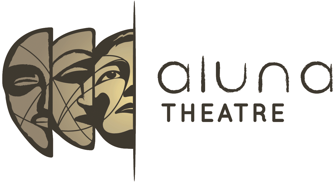 Aluna Theatre Logo - there are 3 brown masks to the left of the wordmark