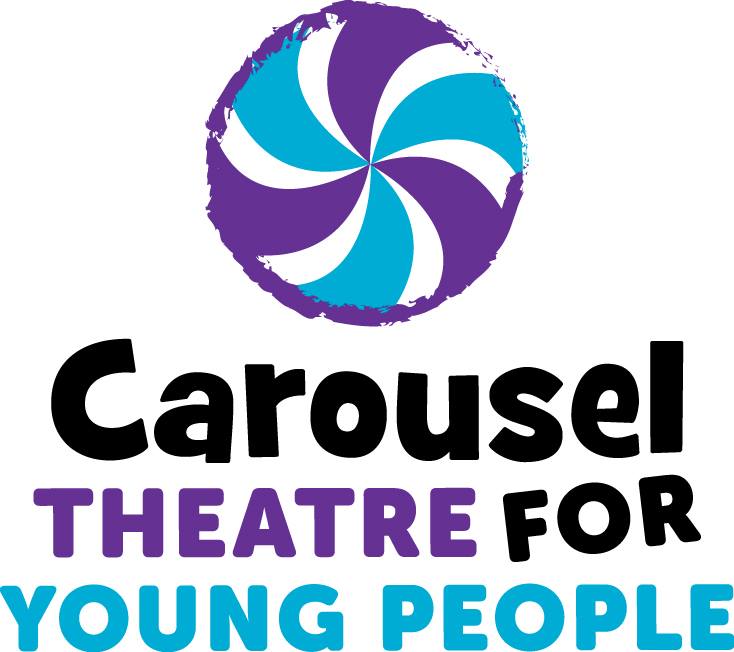 Carousel Theatre for Young People logo in purple, blue, and black, with a purple and blue pinwheel carousel logo on top.