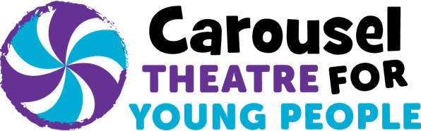 Carousel Theatre for Young People logo in blue and purple - to the left is a hand drawn blue and purple carousel top view