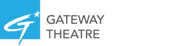 Gateway Theatre Logo - A blue square with a paint script font G, a star at the top right of the G, and the wordmark for Gateway Theatre in all caps sans serif.