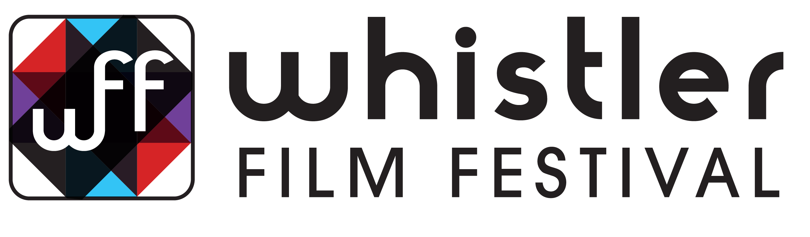 Whistler Film Festival logo, a square with overlapping multicoloured triangles to the left, and a wordmark to the right with the company name