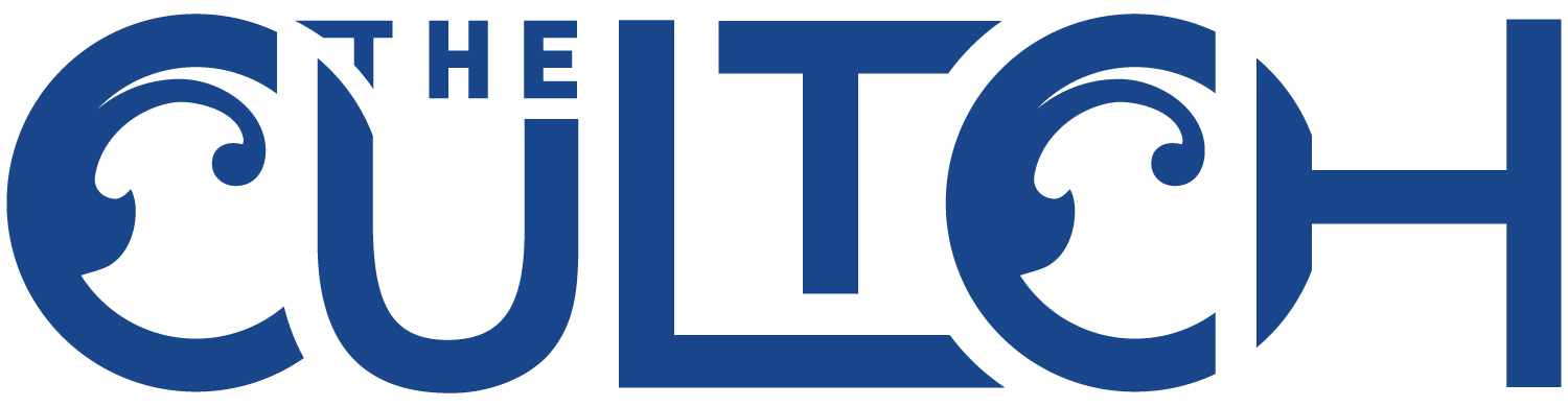 The Cultch wordmark logo in dark blue, the two Cs have an ocean wave in them. The word "the" is cut in over the U, and the T is placed on top of the L.