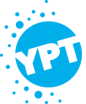 Young People's Theatre logo - YPT in a blue bubble, with smaller bubbles to the left.
