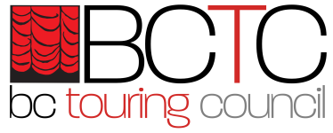 BCTC BC Touring Council logo, the T for Touring is in red, to the left is a drawing of a red curtain