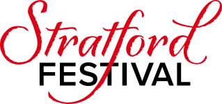 Stratford Festival wordmark, the word Stratford is in cursive and red, Festival is in sans serif.