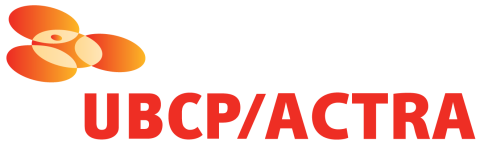 UBCP/Actra logo and wordmark in red. To the left of the wordmark is an orange logo of 3 connected discs.