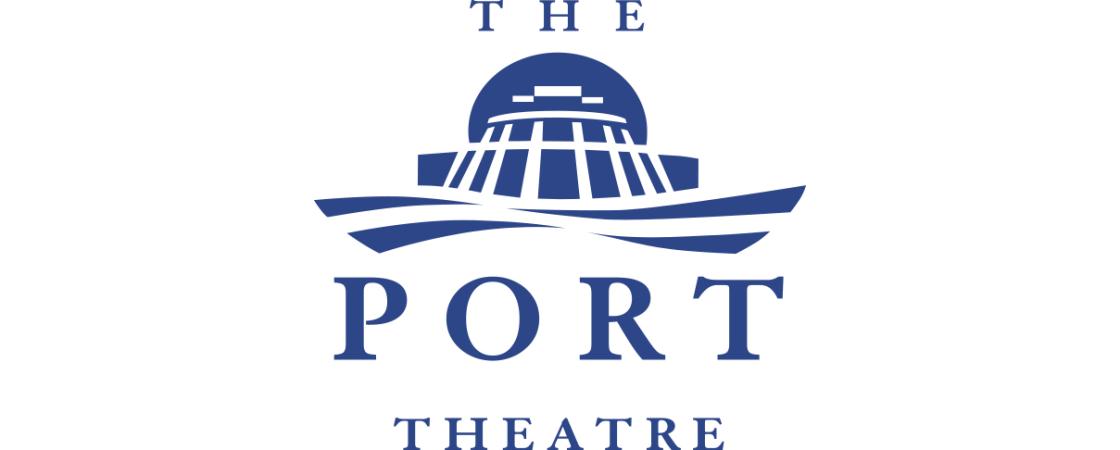 The Port Theatre logo and wordmark - There is a silhouette of the top of a boat with lines representing waves, above is the word The and below are the words Port Theatre