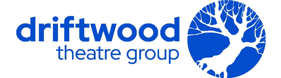 driftwood theatre group logo in cobalt blue, to the right is a tree silhouette in a blue circle