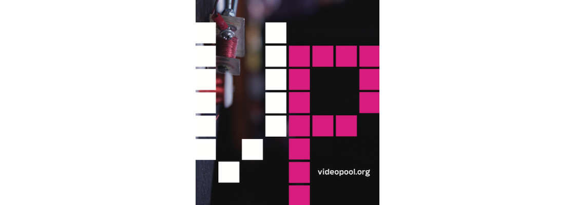 Videopool Logo, the VP is in square pixels, the V is in white, the P is hot pink, there is videopool.org below