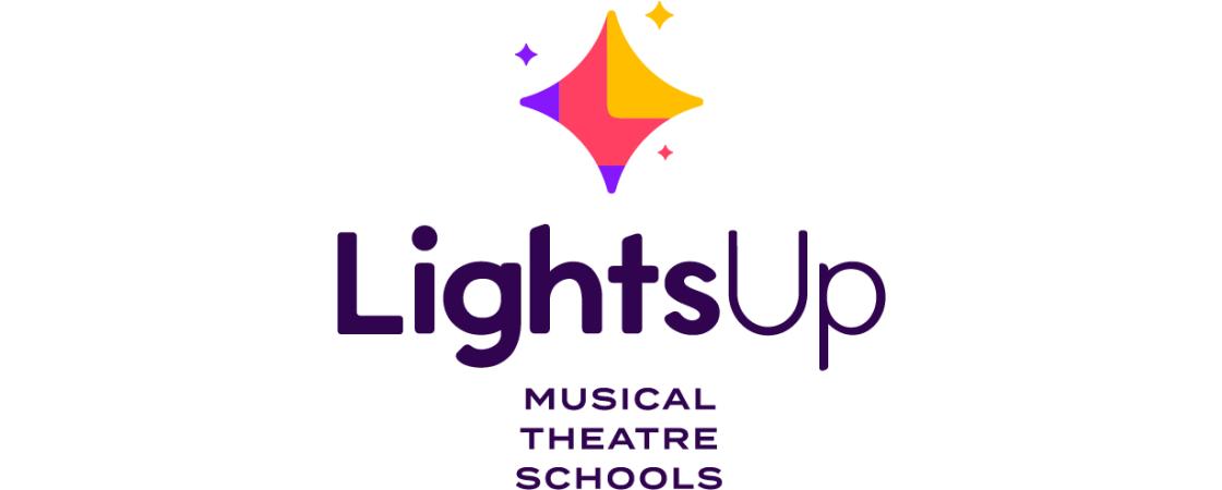Lights Up Musical Theatre Schools logo - there is a multicoloured 4 pointed star to the top in purple, red, and yellow, surrounded by 3 other stars of the same shape. Below is the wordmark Lights Up Musical Theatre Schools.