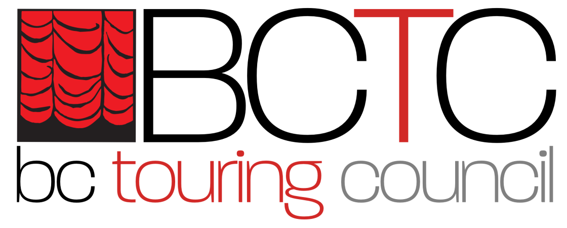 BCTC BC Touring Council logo, the T for Touring is in red, to the left is a drawing of a red curtain