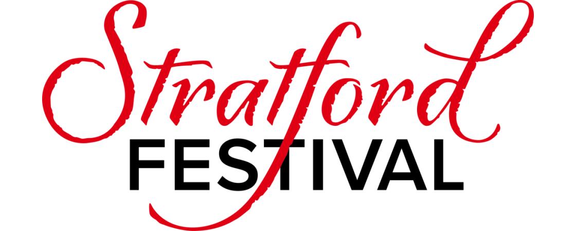 Stratford Festival wordmark, the word Stratford is in cursive and red, Festival is in sans serif.