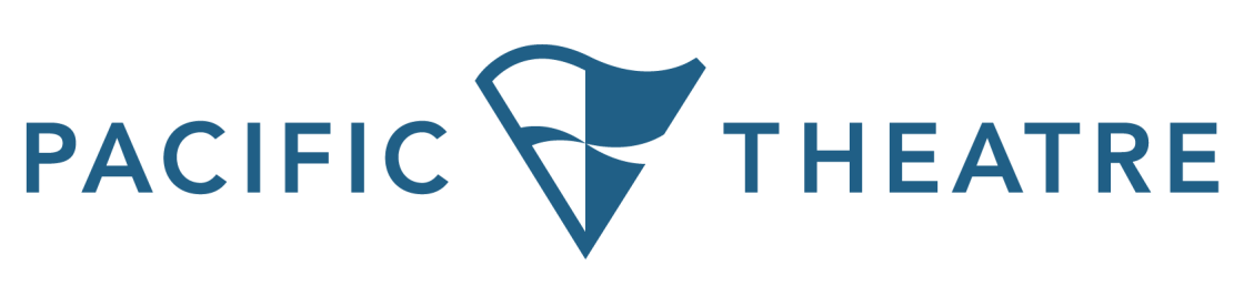 Pacific Theatre logo in blue. A triangular waving flag with a piece cut out of the right side is in the middle of the wordmark.