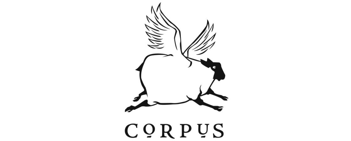 Corpus logo - a drawing of a sheep with wings