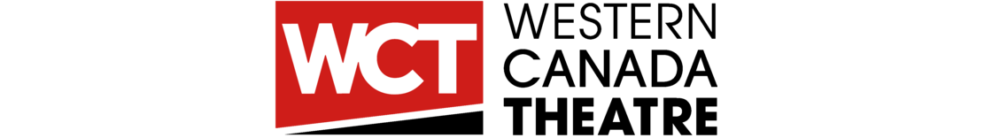 Western Canada Theatre logo and wordmark - to the left of the wordmark is WCT in a red box, with a black slash on the bottom outlined with a white stripe.