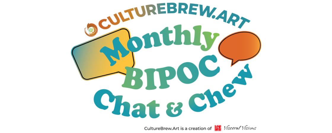 CultureBrew.Art Chat & Chew logo, text in green and blue with speech bubbles in orange
