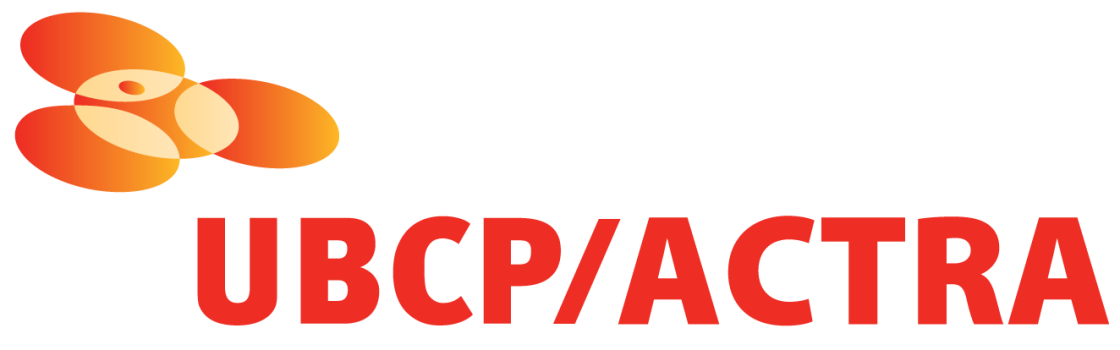 UBCP/Actra logo and wordmark in red. To the left of the wordmark is an orange logo of 3 connected discs.